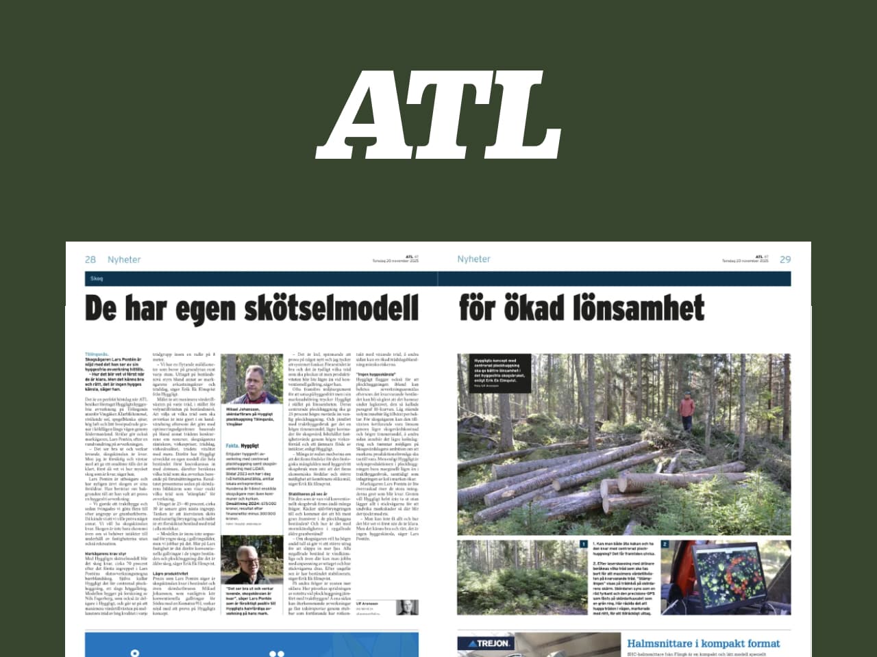 Artikel i tidningen ATL med titeln "De har egen skötselmodell för ökad lönsamhet".