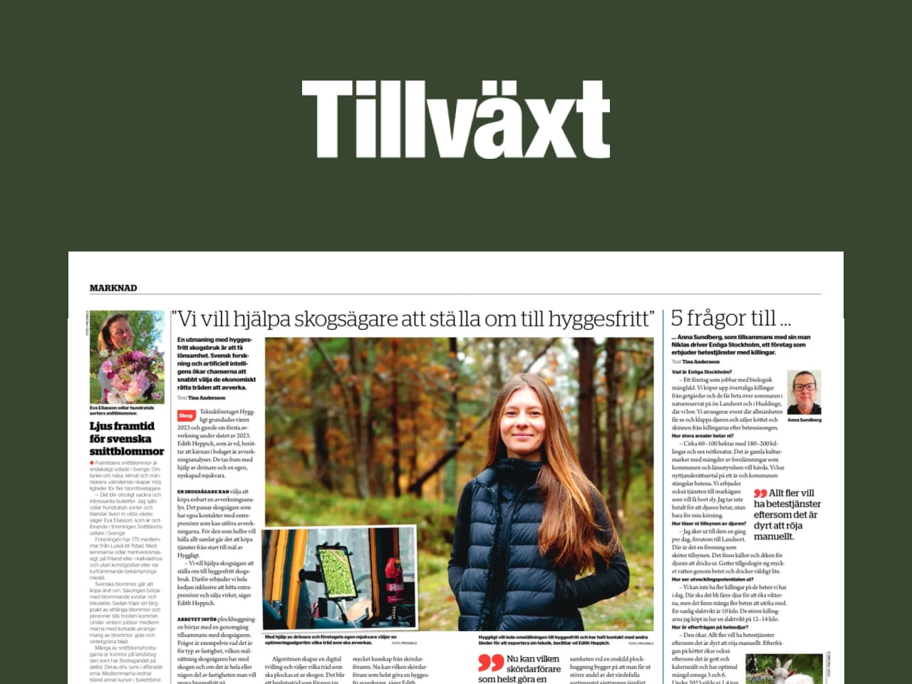 Artikel i tidningen Tillväxt med rubriken "Vi vill hjälpa skogsägare att ställa om till hyggesfritt"